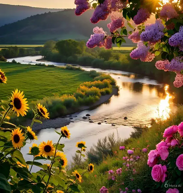The river flows smoothly, reflecting the sun's golden glow, as sunflower petals sway gently in the breeze.