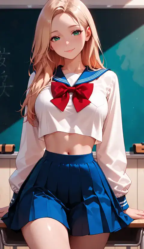 Language: JA female student dances gracefully on her desk、her sailor suit skirt swings softly。
