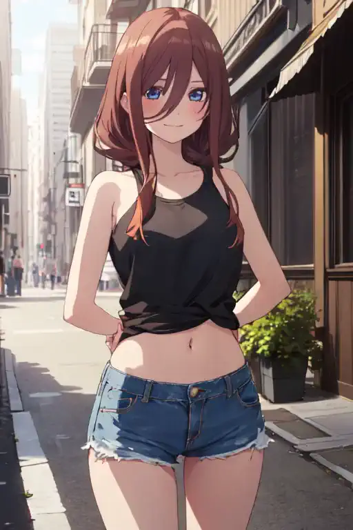 The girl twirls playfully in her denim shorts, causing her hair to sway with the bustling city street as her backdrop.