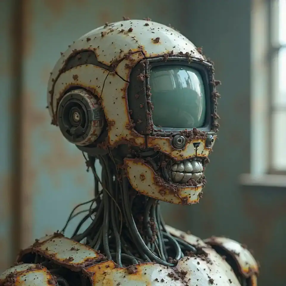 Damaged robot tries to repair itself with an old TV or an old car
