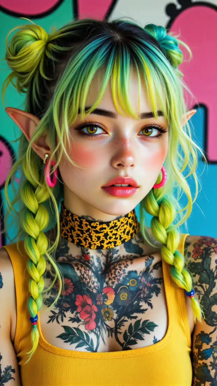 a figure with blue and green pigtails smiles and gently turns his head, revealing a colorful tattoo., A scene where the colored mural in the background shakes and changes slightly as the nearby camera slowly moves forward, 가까운 카메라가 천천히 앞으로 이동하면서, Under bright and pleasant lighting in a vibrant style,.