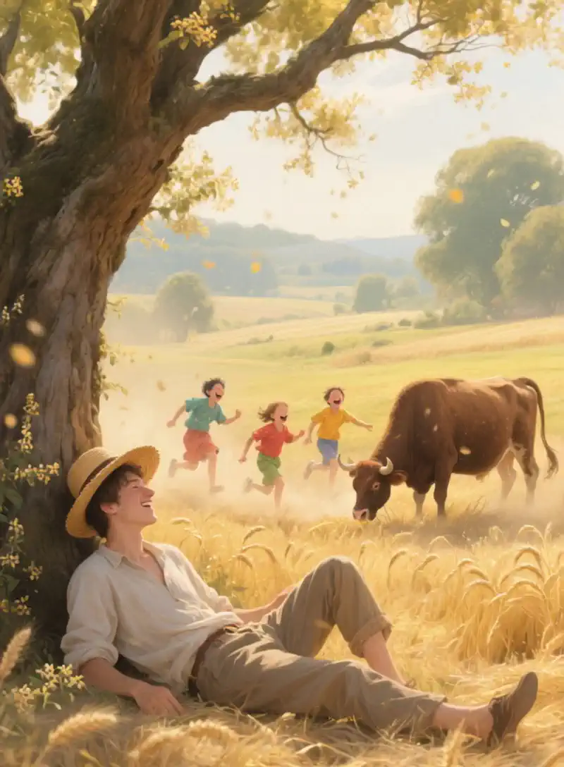 The camera focuses on the man resting under the big tree, showing his attire and a relaxed demeanor. Then the camera pans, presenting the scene of three ren joyfully running in the wheat field. They have bright smiles and are full of vitality. Next, the camera lingers for a while to display the brown cow beside the ren. Finally, the camera pulls back to show the vast field and the distant hills. 