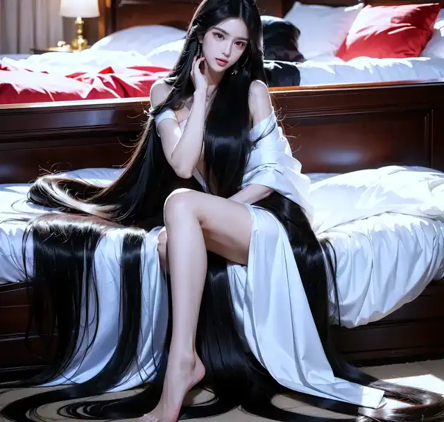 The girl's long hair flickers and、is relaxing on the bed as if enchanting the viewer。