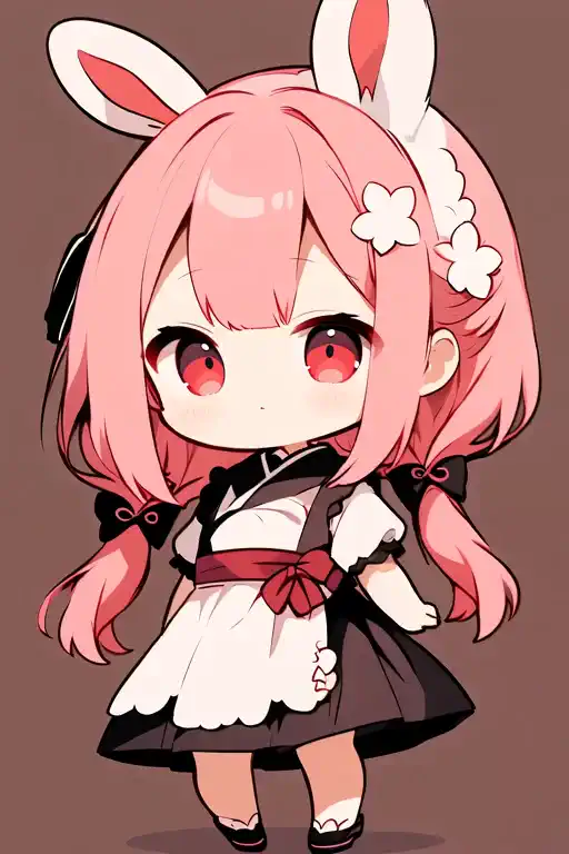 A girl with rabbit ears dances happily while shaking her pink hair。Her hair, rabbit ears, and dress shake naturally and delicately as she moves