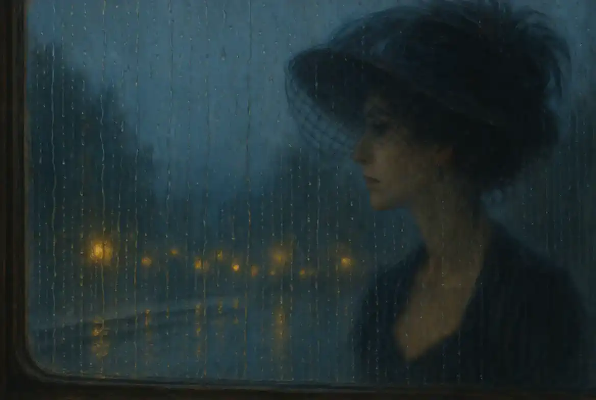 Vintage woman on train, rain