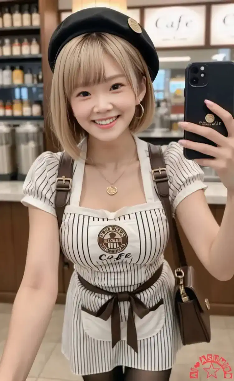 A woman wears a cafe apron and poses with a slight smile、The coffee bottle in the background shakes quietly、close-up camera gently approaching、, soft natural light shines in in photorealistic style。