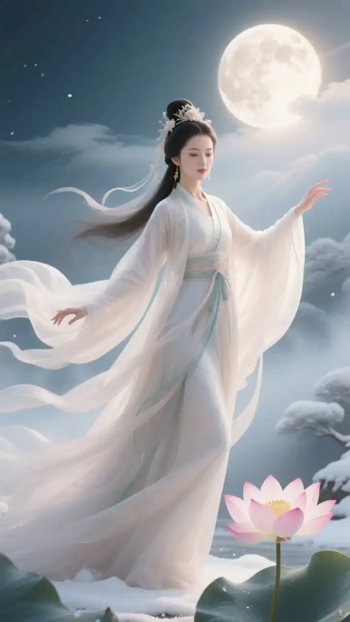 A woman in a flowing white gown gracefully swaying while petals from a nearby lotus gently float in the air, medium camera slowly panning around her, ethereal digital art style with soft, luminous moonlight.