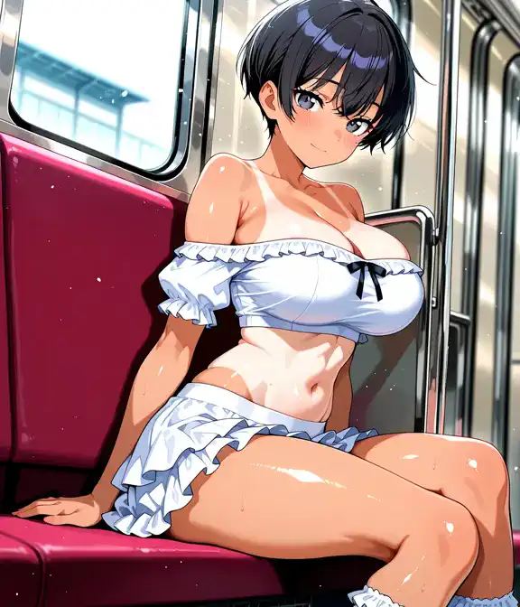 A woman shakes her body left and right on the train、and her movements are further enhanced along with the swaying car。