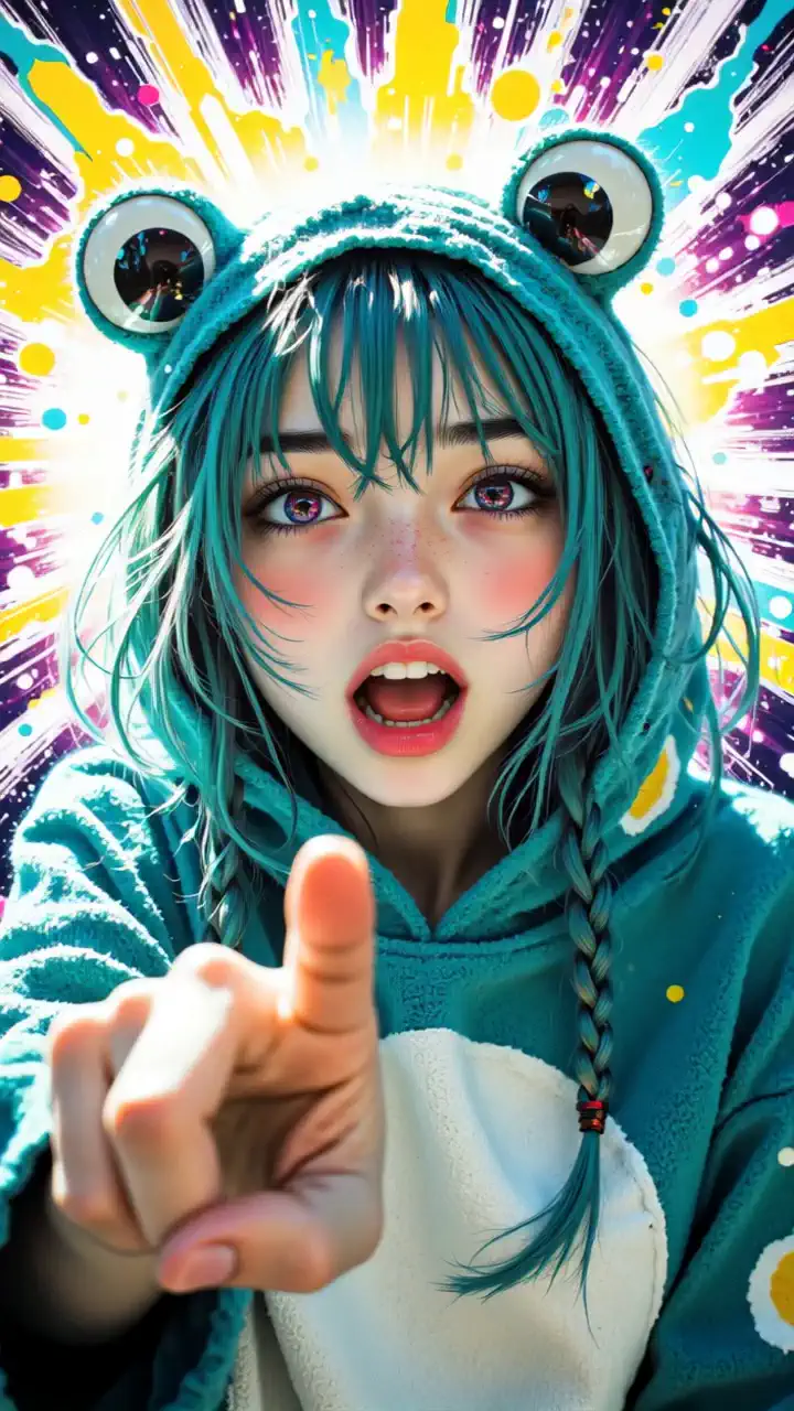 A character wearing a frog-shaped hood points his finger forward to create colorful graphic effects around it., The nearby camera moves smoothly and, It's a comic style with vibrant colors and is expressed under bright lighting..