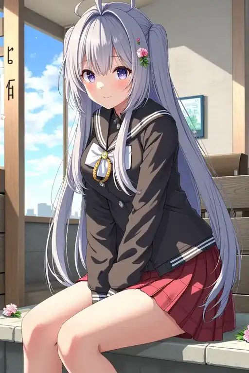 The girl wearing it smiles while holding a flower in her hand、While the surrounding flowers are swaying、medium camera moves smoothly forward、atmosphere wrapped in bright natural light in anime style。
