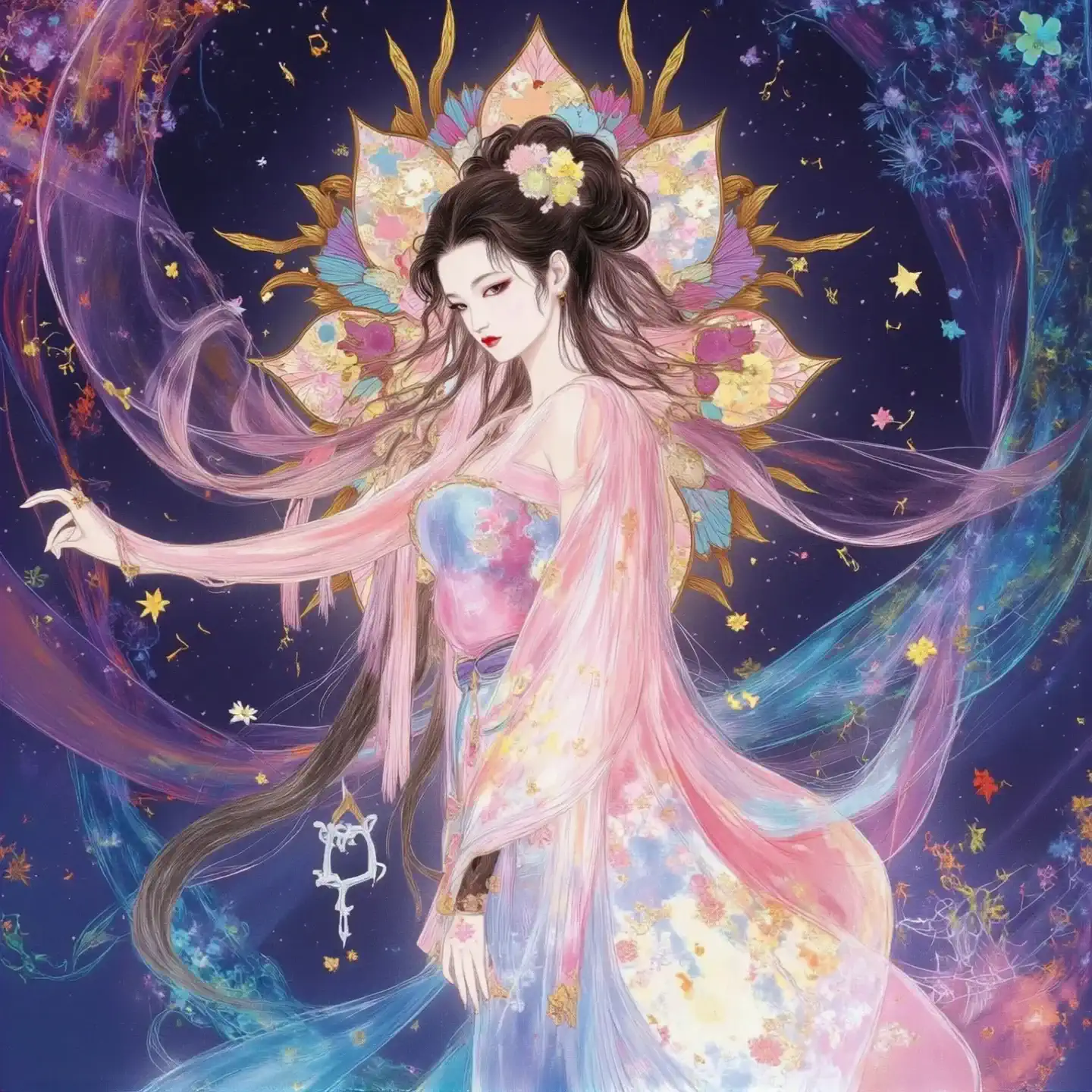a woman in a gorgeous kimono dances while waving her hands gracefully、While colorful petals are fluttering、an approaching camera continues to follow her movements、creates a fantastic night atmosphere in fantasy art style。