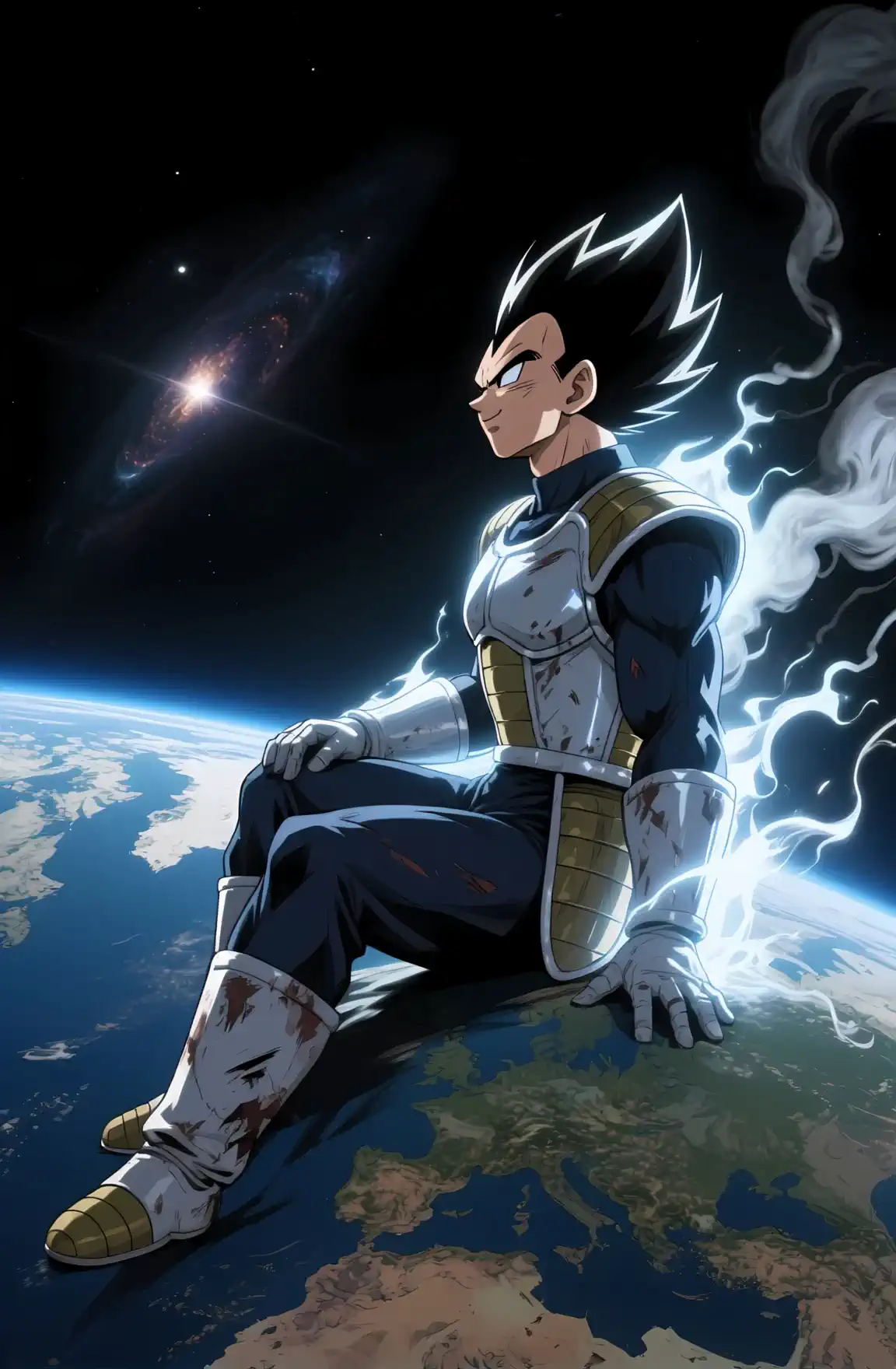 Vegeta sits on Earth、The universe behind it shines and exudes an aura like the one above、and the close-up camera slowly rotates、Vegeta has a smile full of ambition。mystical cosmic lighting in anime style。Movement is natural and smooth。ambient light、Theoretical、face does not deform。