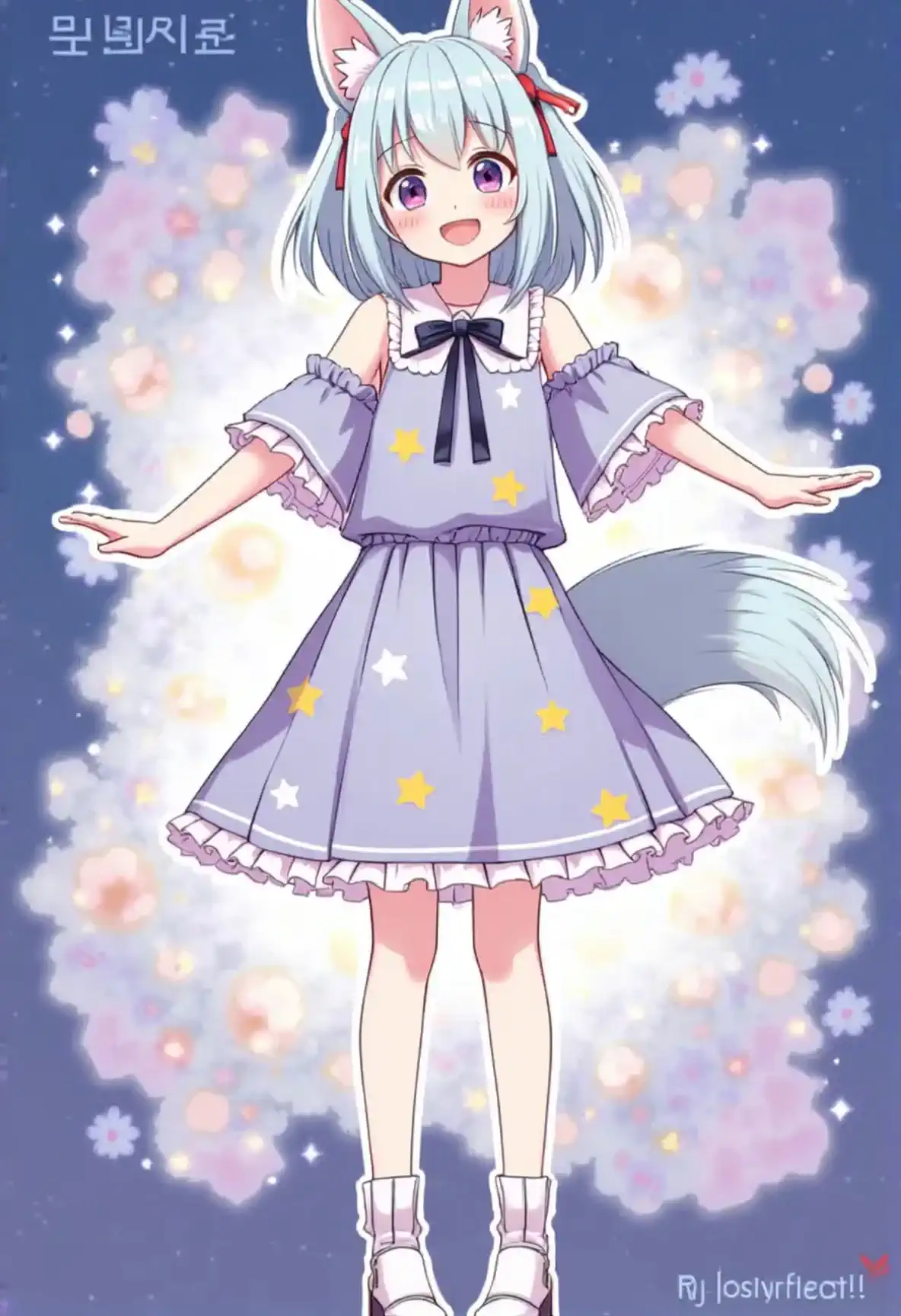 A girl with cat ears is wearing a star-patterned dress while spinning in a circle、Background Flowers々Shaking、the close-range camera slowly moves forward、bright and fantastic atmosphere in anime style。