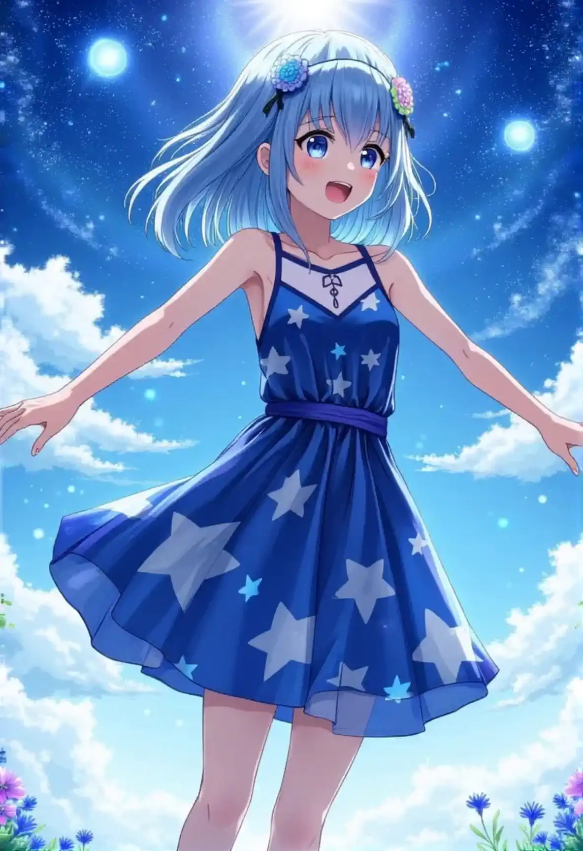 and the surrounding clouds flow slowly while gracefully spreading her hands and feeling the wind、The wide-angle camera moves smoothly toward the girl at a low angle、A refreshing atmosphere under a bright sky in anime style。
