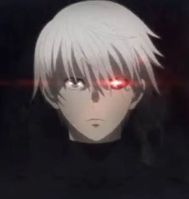 A person with white hair, who does not move, while the background pulsates dark and mysteriously, a medium camera moves gently forward, Anime style with gloomy, atmospheric lighting.