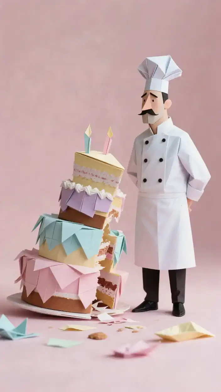 a scene where the, A close-up camera smoothly zooms in and, chef looks at the cake, smiles, and the candles on the cake shake {x} combines warm minimalism style with soft natural lighting.