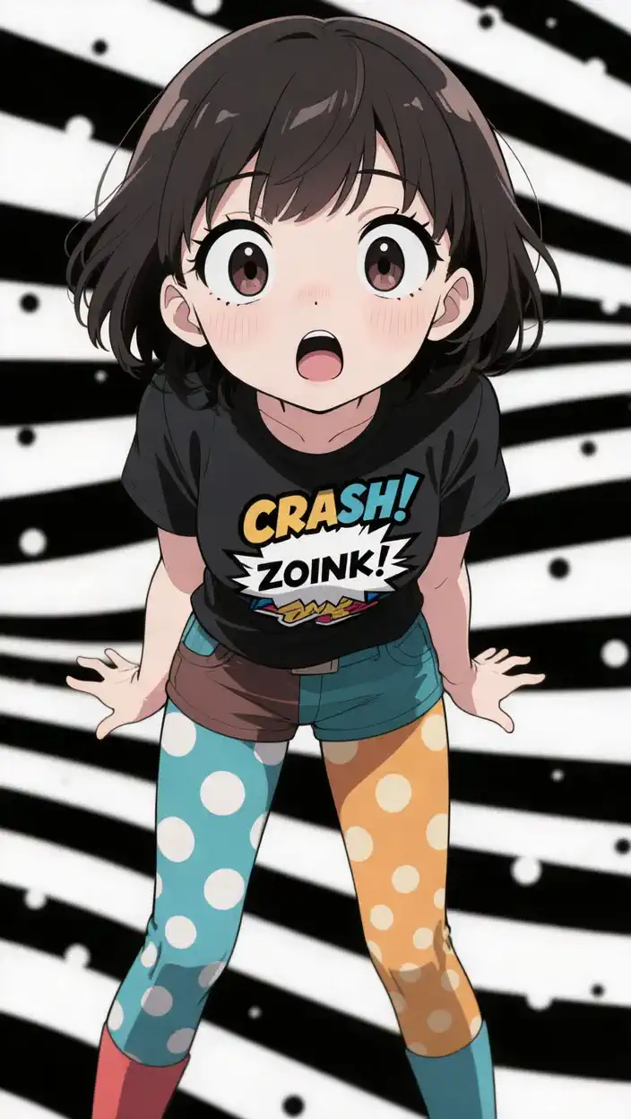 The boy smiles and waves his legs, and the surrounding striped background rotates and moves smoothly., The medium distance camera slowly approaches forward,, anime-style bright colors and a cheerful atmosphere.