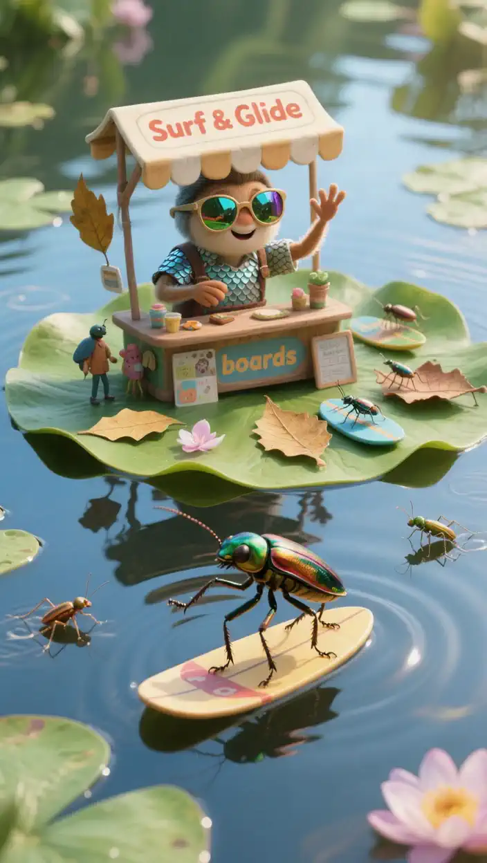 A bug runs through the water as if sliding on a surfboard, the surrounding water lilies and soft waves shimmer., The camera, which approaches smoothly from a close distance, moves together, and, A scene with bright and cheerful lighting in a cute animation style.