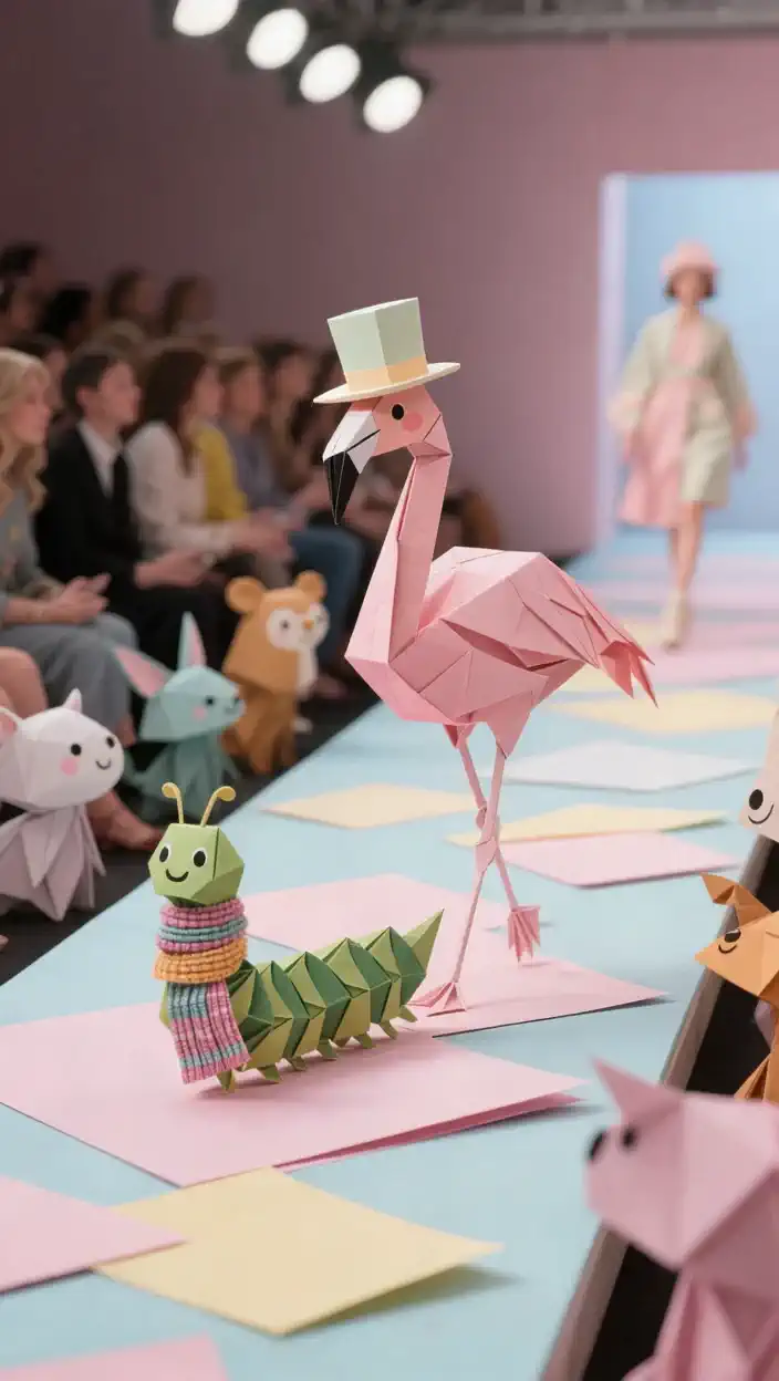 A pink flamingo made of paper walks while wearing a hat and watching the surrounding paper animals happily, The close-up camera slowly follows from behind, creating a lively and warm atmosphere..