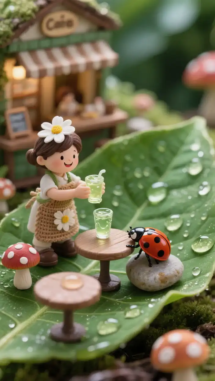 A scene where the surrounding drops of water sparkle while shaking a green drink and, A close-up camera moves smoothly along her hand and drink, is illuminated by warm natural lighting in a cute and cute style.
