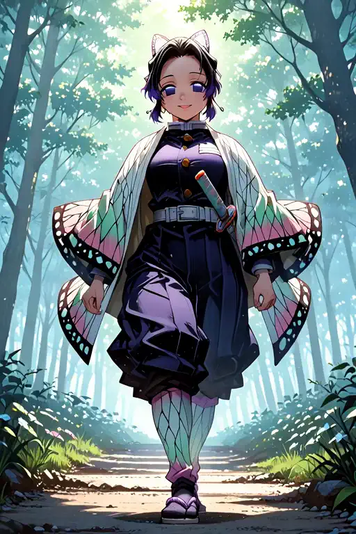 The character walks confidently along the sunlit forest path, her cloak flowing with each deliberate step. (((lively forest background atmosphere)))
