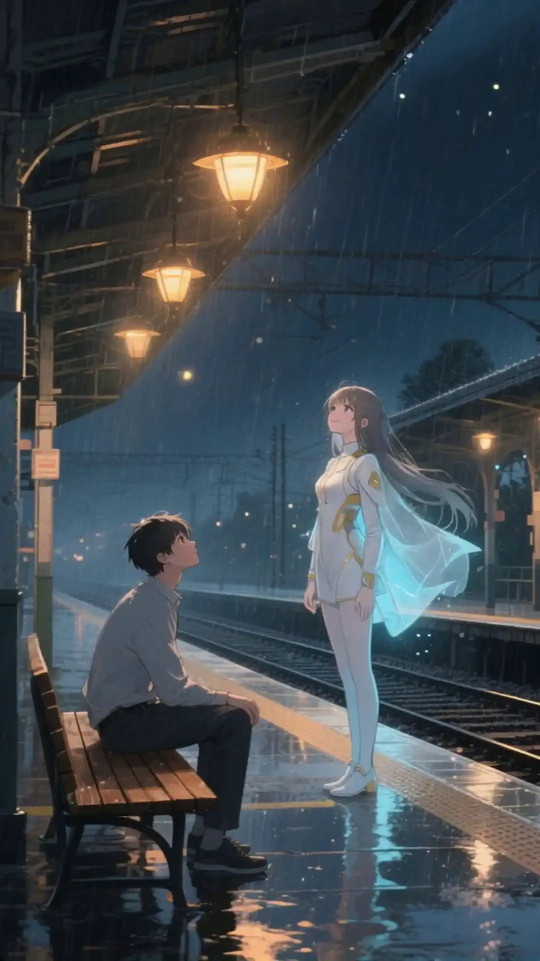 A quiet, rainy night at an empty train station.
A mysterious girl stands across the tracks, softly glowing.
She is facing him gently, her body slightly turned, her eyes quietly meeting his with a calm, almost wistful expression.
Her long hair moves softly in the breeze, and her presence radiates warmth and memory.
She lingers, still and graceful, as if she had always belonged to this place.
Then, slowly, she begins to dissolve — not abruptly, but like mist fading into the air.
Her form becomes a stream of delicate white and gold particles, trailing pale blue light upward.
As her presence vanishes completely, the space feels changed.
A soft white light fills the screen briefly, as if the dream itself is dissolving.
When the light fades, the boy rises slowly from the bench.
A warm beam of light from a distant train begins to illuminate the platform from the left.
Only one train appears in the entire video, and it appears only after the girl has completely vanished.
No train appears at the beginning or in the background.
No reversed movement, no train returns, and no multiple trains.
The night remains softly lit and steady throughout.
Poetic, emotional, cinematic. No sudden motion. No explosion.