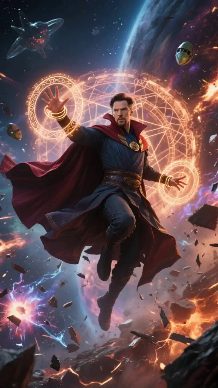 Doctor Strange casting a spell with unfolding magic circles, swirling cloak, Eye of Agamotto open, multidimensional background, dazzling hand gestures, powerful magic energy, medium close-up.