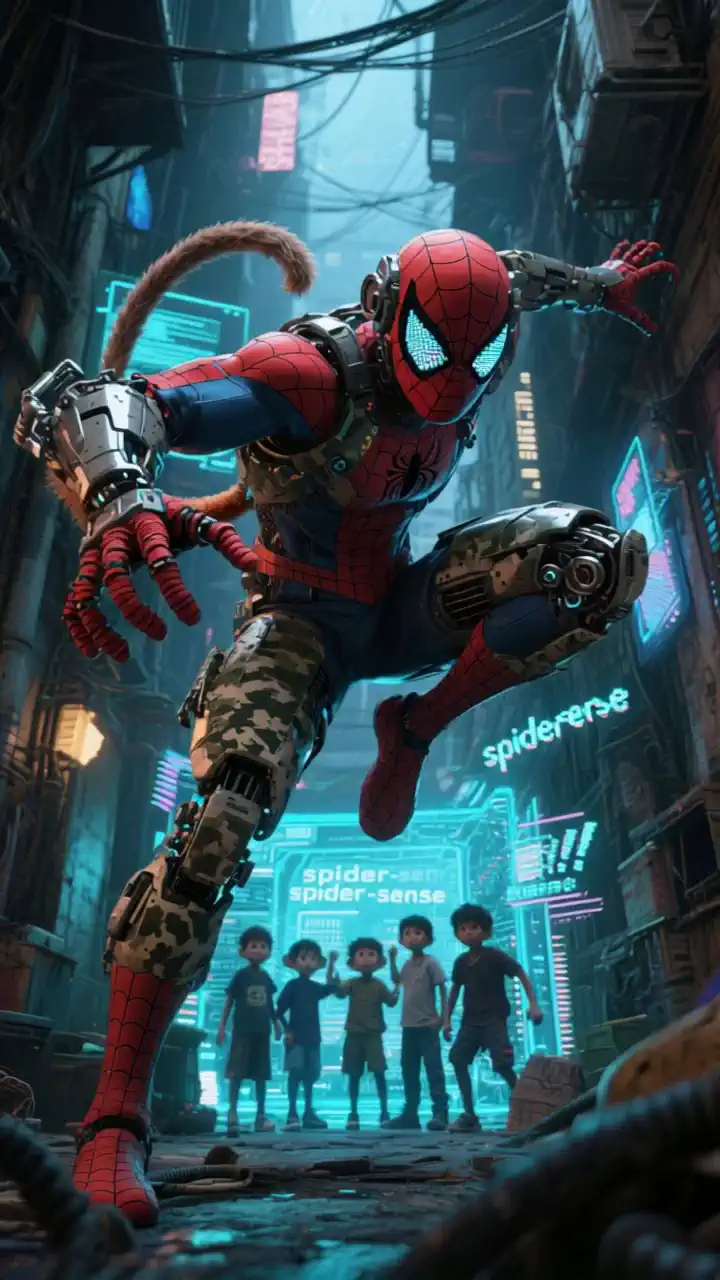 Monkey Spider-Man striding through a narrow, neon-lit alleyway, moving swiftly to protect ren, dynamic movement of mechanical arm and tail, 'spider-sense' graffiti on surrounding walls, heroic movement in a tense situation, low-angle action.
