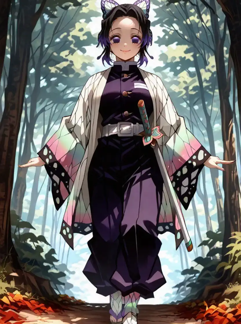 A woman gracefully walks through a sun-dappled forest with vibrant autumn leaves gently swirling around. Shinobu Kochou from kimetsu no yaiba. The character appears to be walking gracefully while dancing along her steps like a happy girl. leaves falling beautifully from the trees, the camera lens keeps moving backwards, filming the character towards the viewer. cinematic anime movies