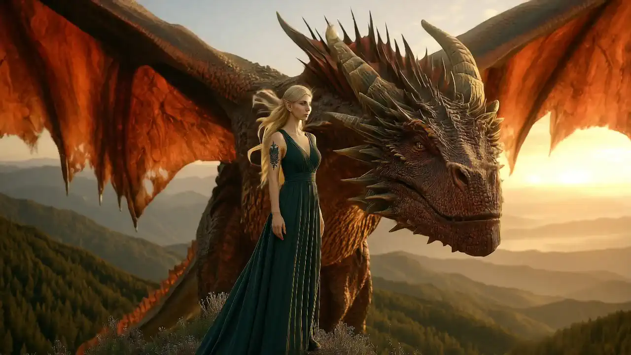 A dragon spreads its fiery wings while a woman stands elegantly beside it as the sun sets over a sprawling mountainous landscape.