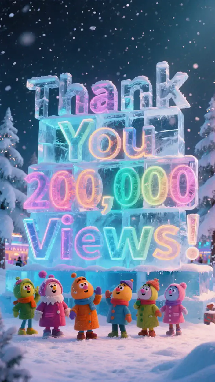 Winter landscape with cute characters dancing in a snowy field and giant ice letters slowly changing color