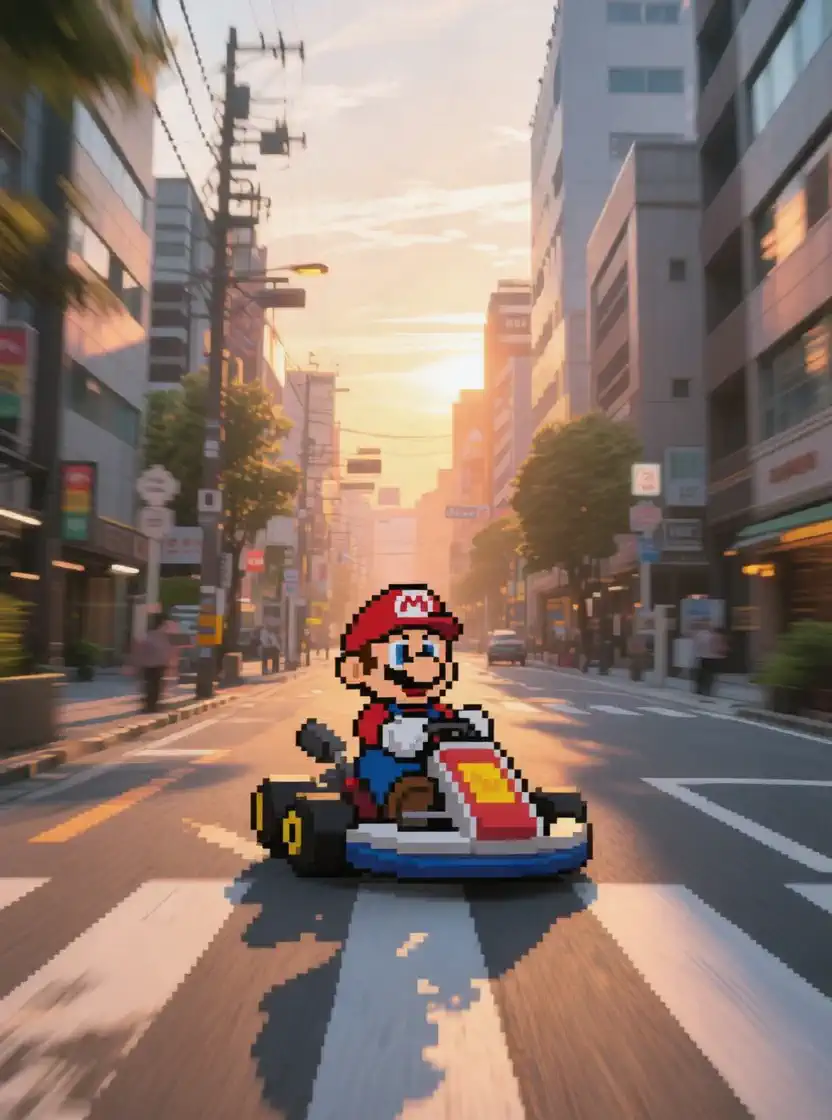 Mario runs through the city streets in a cart、and collects coins while sliding left and right。