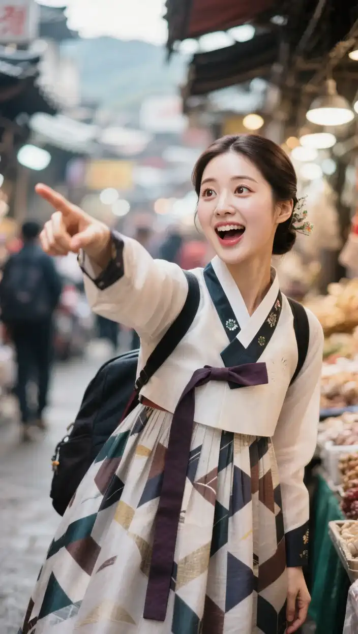 A woman wearing a hanbok walks briskly while pointing her finger at something in a traditional market, and the surrounding area is getting more and more crowded and lively