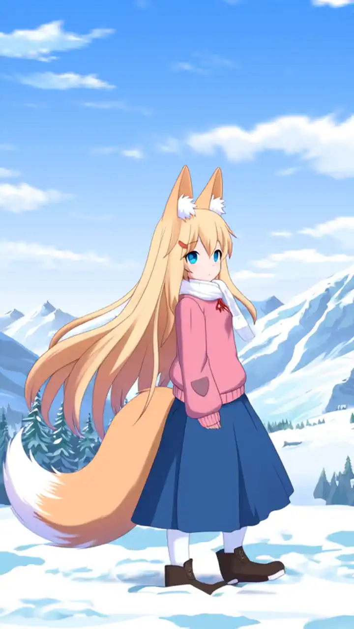  Anime style anime girl, with huge sandy fox ears and a big, fluffy tail,  penis with long golden hair and blue eyes,  dressed in a pink sweater and a long blue skirt , walking in a beautiful outdoor landscape with a background of snowy mountains.