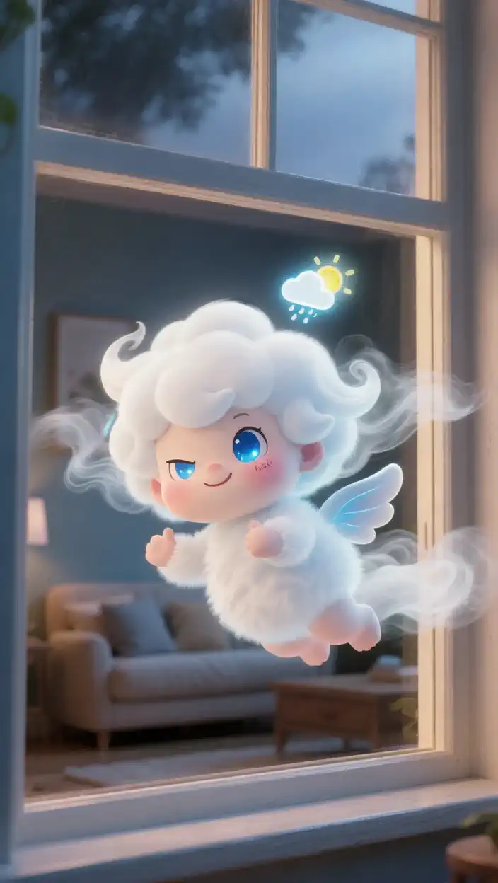 A little angel flies outside the living room window, and a rainy weather icon appears in the dark sky outside the window