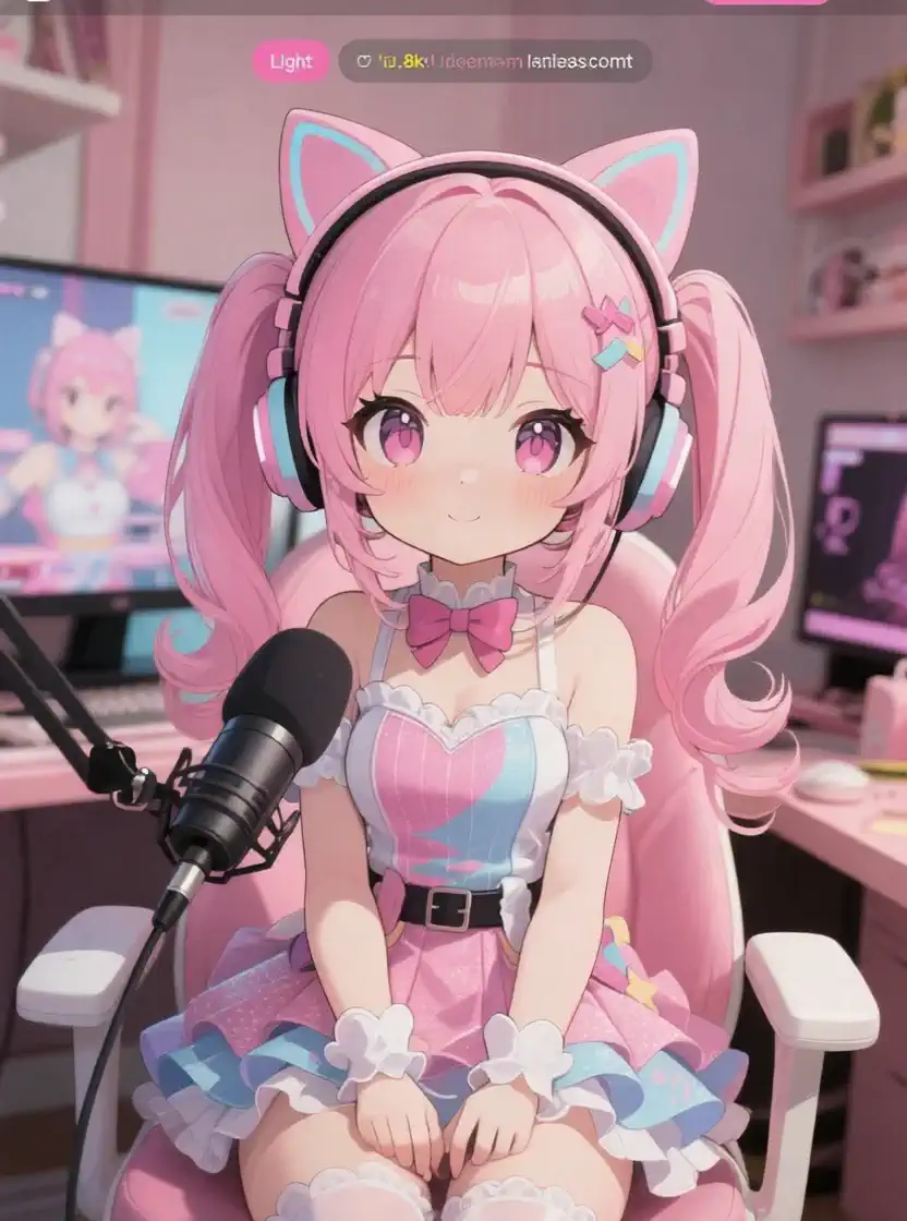 While the girl cries and talks to the screen、translucent white comments in the style of a smiling live broadcast flow from right to left at the top of the screen、The camera is fixed and doesn't move、illuminated by an actress light from the front