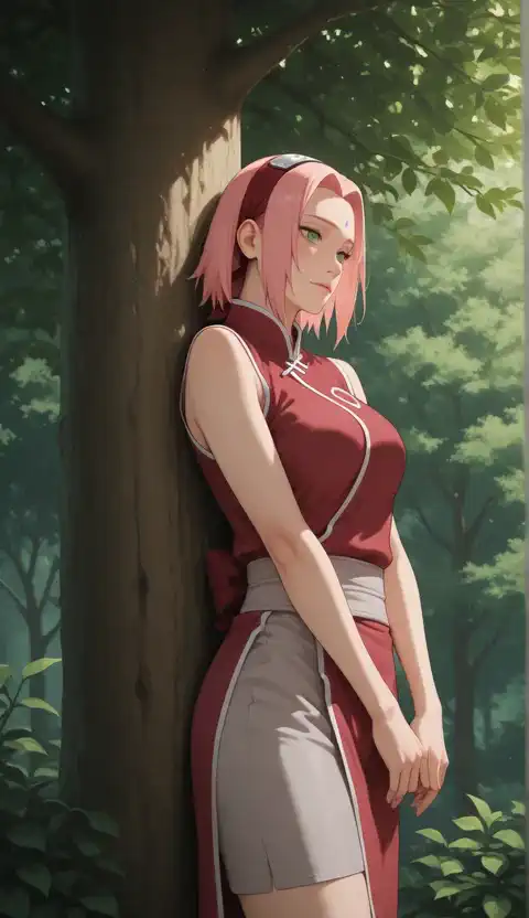 The girl pauses from her walk and continues to gently revolve around the tree, while the leaves around her dance with the light breeze.