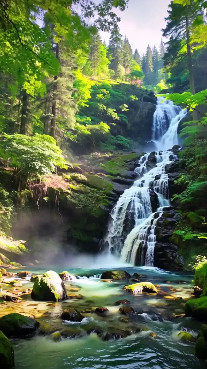 beautiful nature, waterfall in the forest, photo realistic