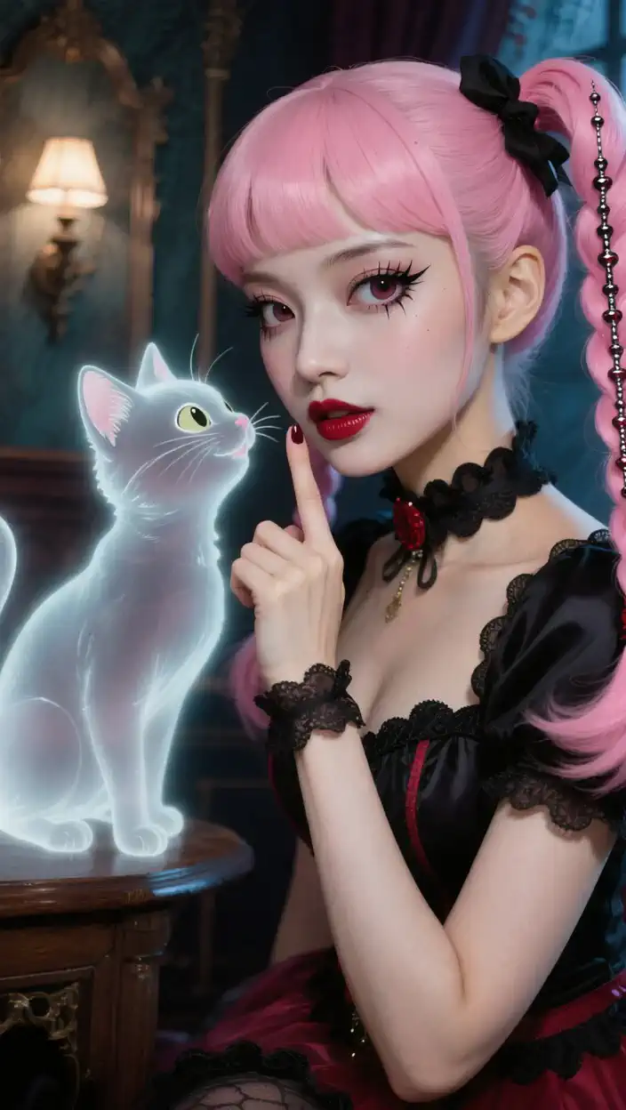 The cat dances mysteriously on the table, emits light, and the room's lighting and atmosphere magically change