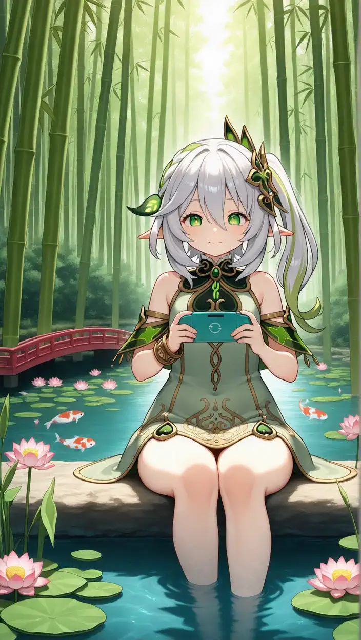 The white-haired elf sits by the water and enjoys playing with the game console in his hand，The sun shines through the bamboo forest，Koi in the water swim slowly。
