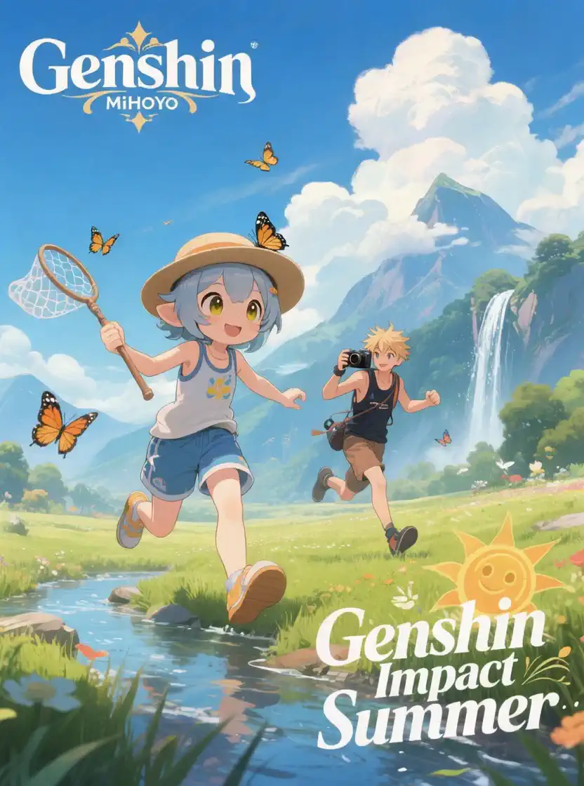 A girl with a net is trying to catch butterflies, butterflies are flying, they're having fun, the waterfall is pouring,