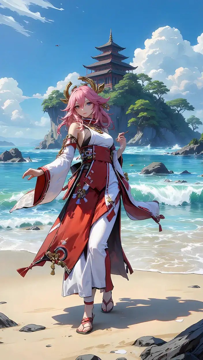 Anime woman gracefully dances on the beach with waves gently washing ashore and a pagoda temple in the distance under a clear blue sky
