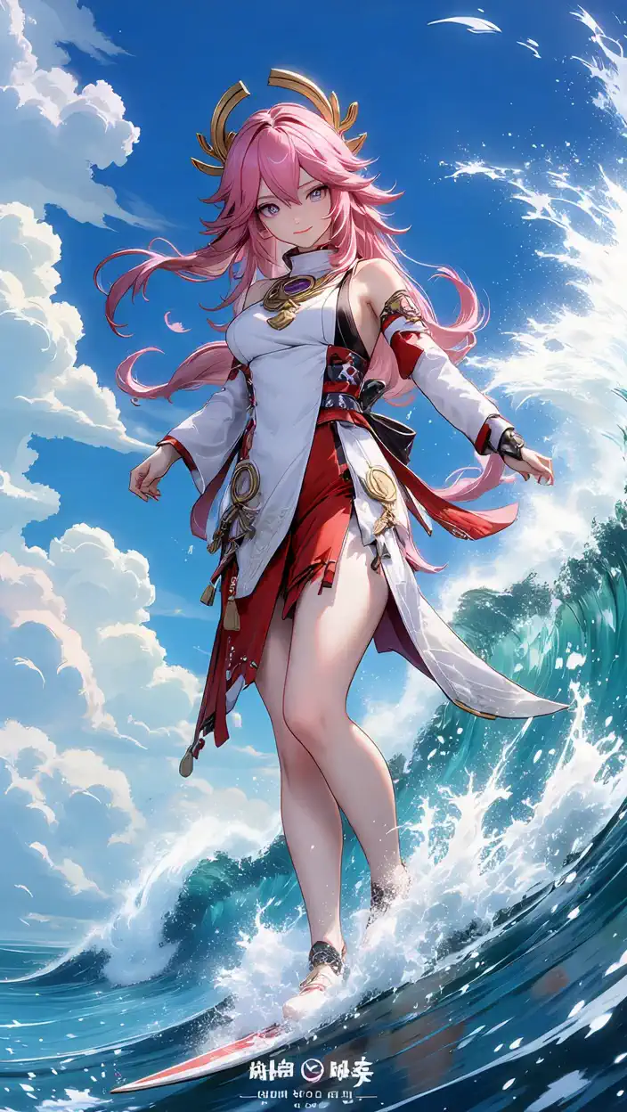 A woman elegantly surfs along the crest of a powerful wave under a bright blue sky with dynamic clouds.