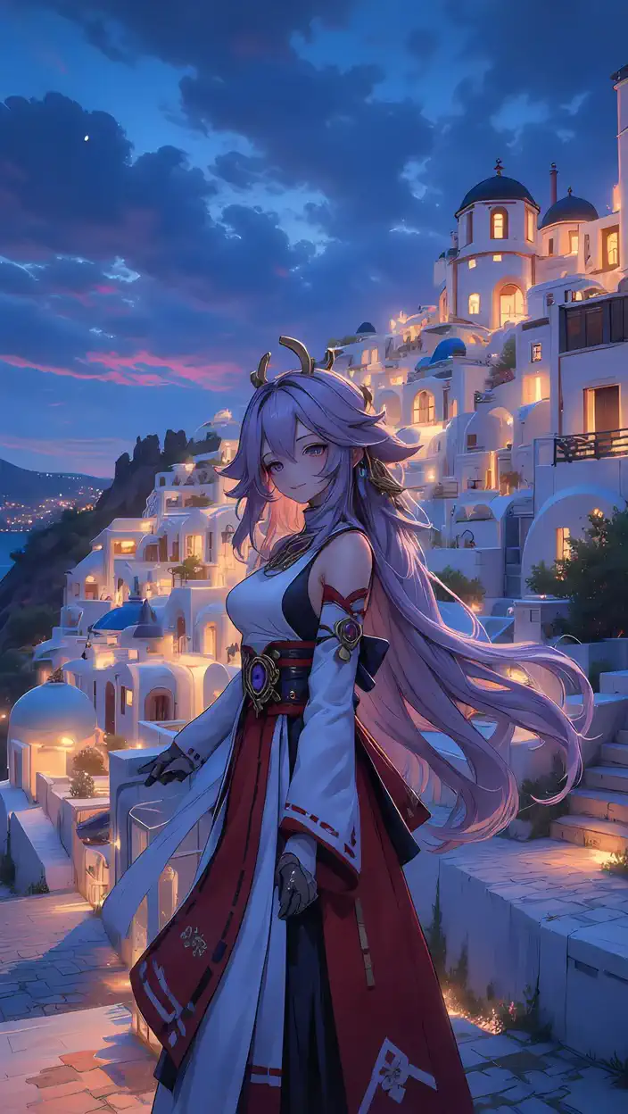 A woman with long flowing purple hair walks gracefully through a vibrant, illuminated hillside village at dusk.