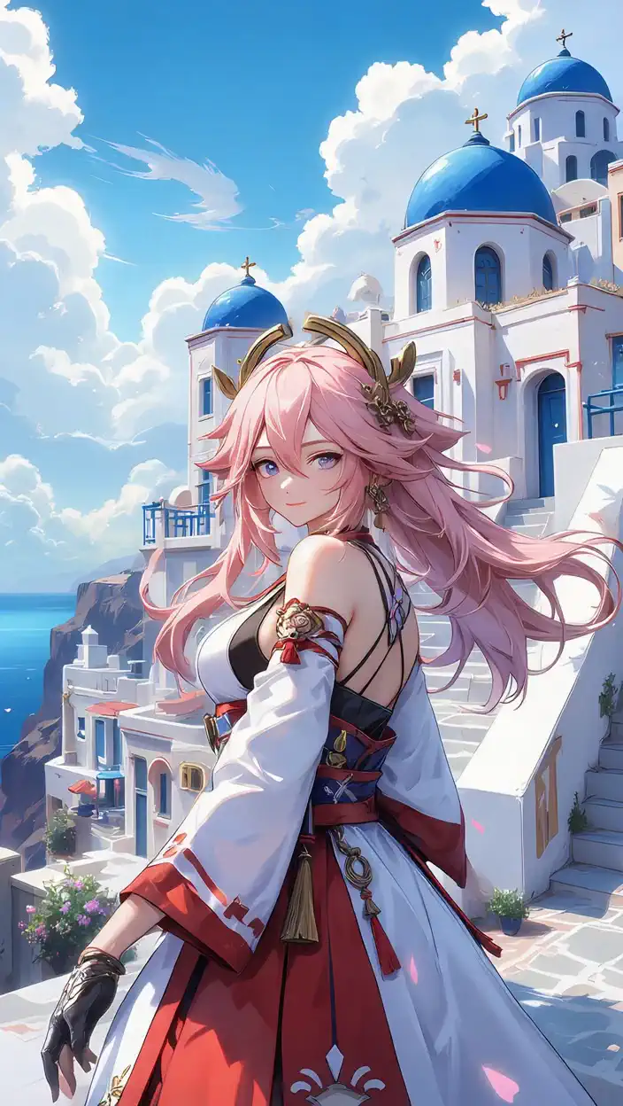 A woman elegantly walking through a sunlit coastal town as the wind gently flows through her hair and the waves crash against the cliffs below.