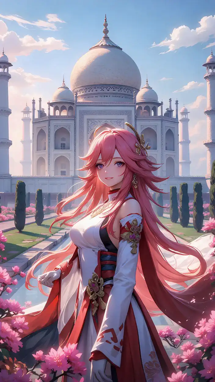 A woman gracefully dances through the blooming flower garden surrounding the majestic Taj Mahal as gentle winds ripple through her flowing robe and the cherry blossoms flutter around creating a tranquil, vibrant atmosphere