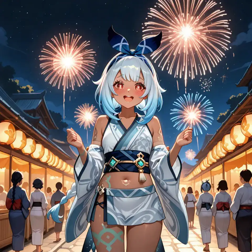 Language: ja a woman in a yukata is happy to jump up and down。The cityscape at night at the fireworks festival。