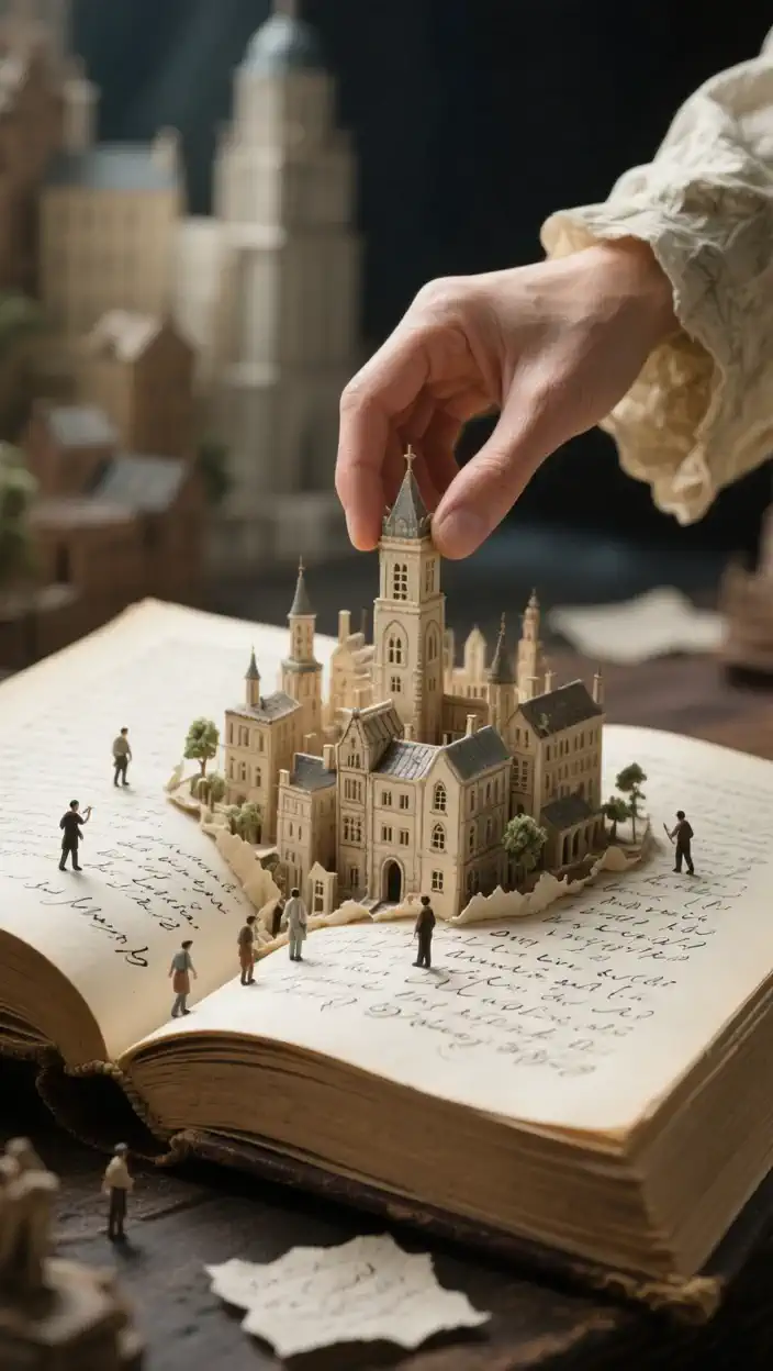 A giant hand is designing a city model on a book, and small people are moving energetically around the model