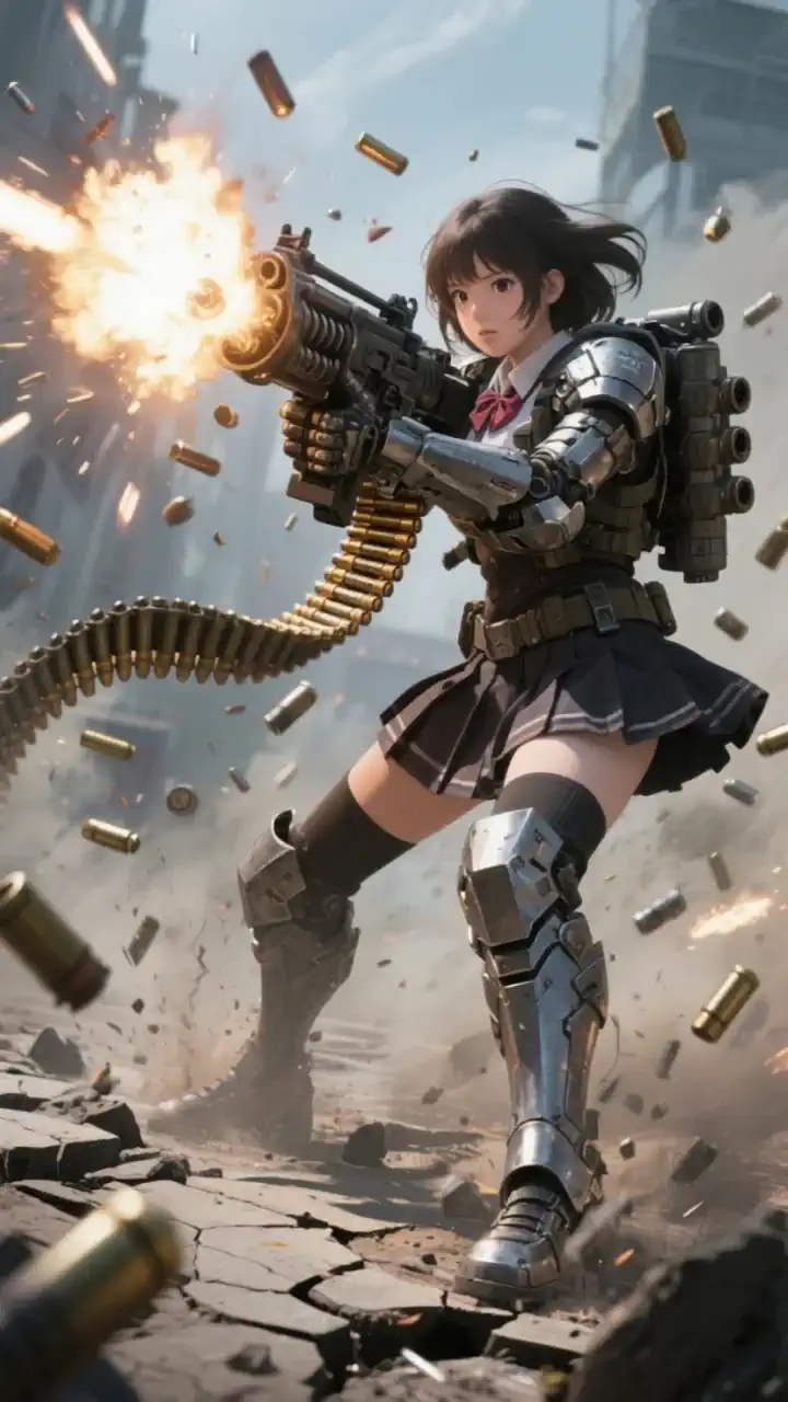 A battlefield where female fighter jets shoot and pieces of buildings are shattered