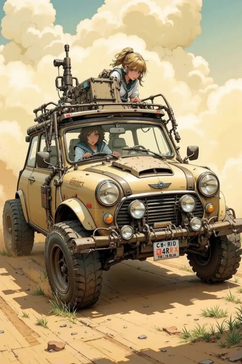 and the modified car with the girls、runs through the wilderness while rocking the car body、dust soars up、The background passes quickly。